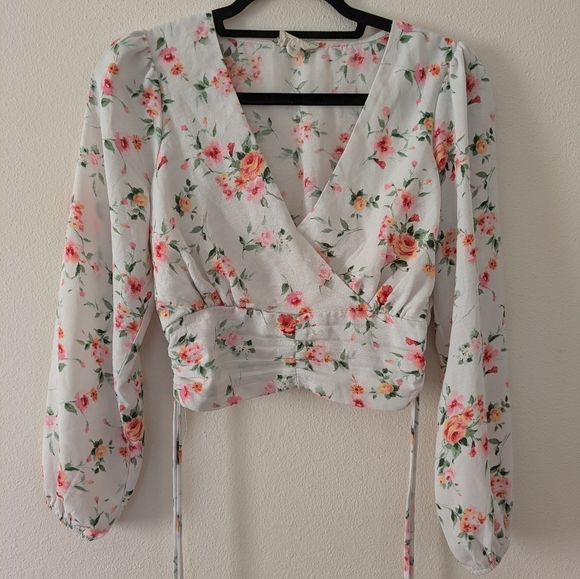 Meraki White Rose Floral Crop Top Long Sleeve Cinch Waist Women's sz S - Picture 2 of 9